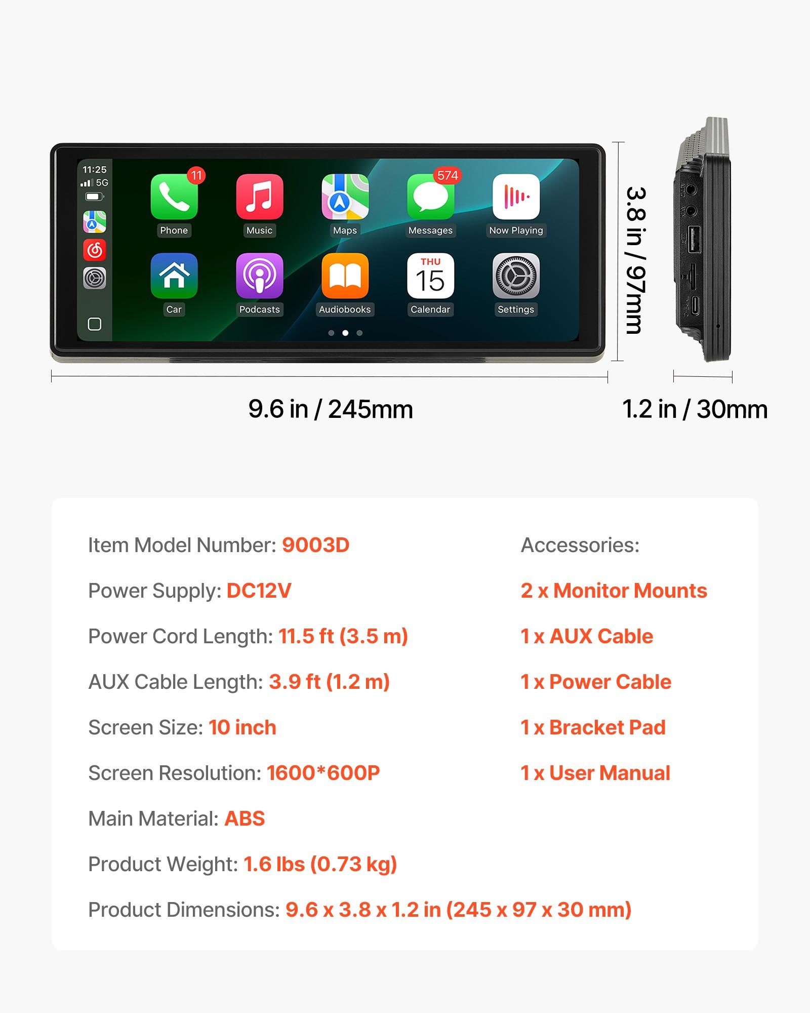 VEVOR Wireless Car Stereo, 10-Inch HD Portable Radio Touch Screen Compatible with Apple CarPlay and Android Auto, CarPlay Screen for Car with Voice Control, Mirror Link, Bluetooth, GPS Navigation