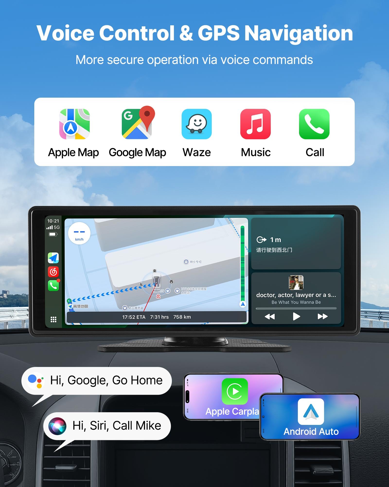 VEVOR Wireless Car Stereo, 10-Inch HD Portable Radio Touch Screen with Apple CarPlay and Android Auto, CarPlay Screen with Front & Backup Cameras, Voice Control, Mirror Link, Bluetooth, GPS Navigation
