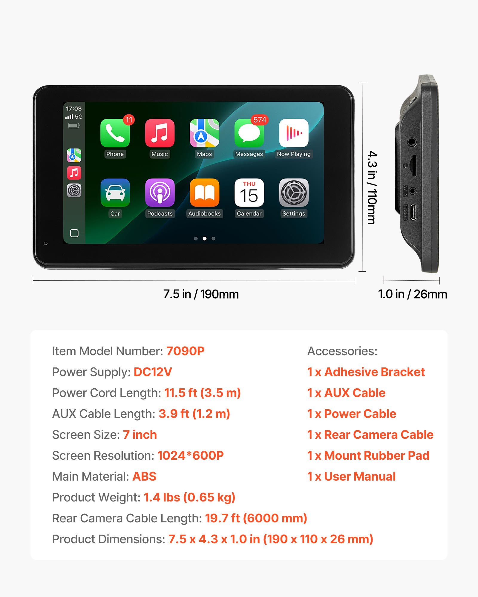 VEVOR Draadloze Autoradio (177,8 mm) HD Radio met Touchscreen, Compatibel met Apple CarPlay & Android Auto, CarPlay Scherm met Achteruitrijcamera Spraakbediening Mirror Link Bluetooth GPS Navigatie