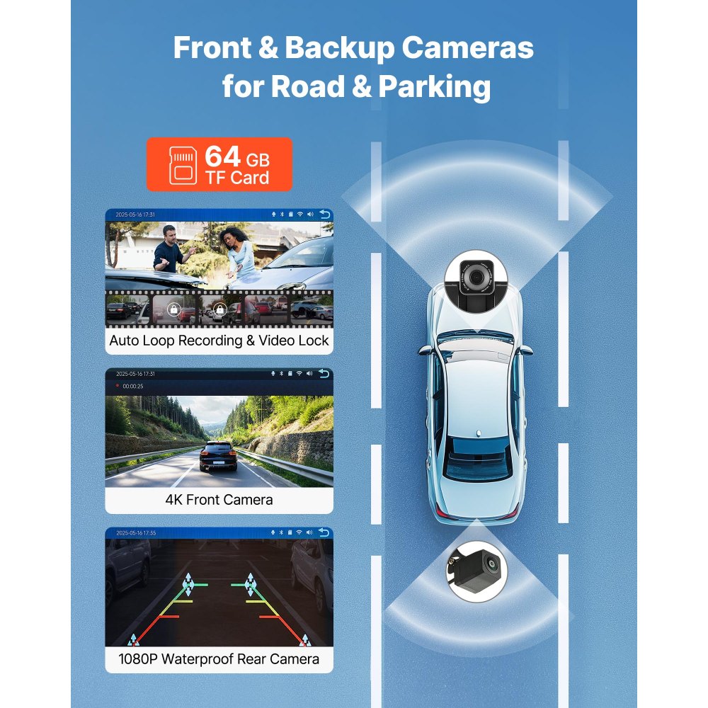 VEVOR Wireless Car Stereo, 9-Inch HD Portable Radio Touch Screen with Apple CarPlay and Android Auto, CarPlay Screen with Front & Backup Cameras, Voice Control, Mirror Link, Bluetooth, GPS Navigation