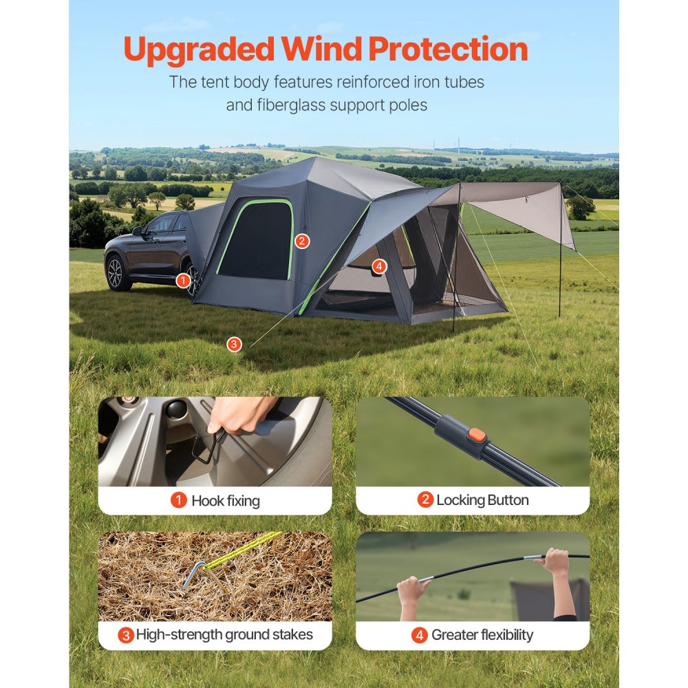 VEVOR SUV Tent for Camping, 10FT L x 10FT W, Waterproof PU2000mm Spacious Double Layer Design for 5-8 Person, SUV Camping Tent with Shade Awning and Mesh Windows, Includes Rainfly and Storage Bag