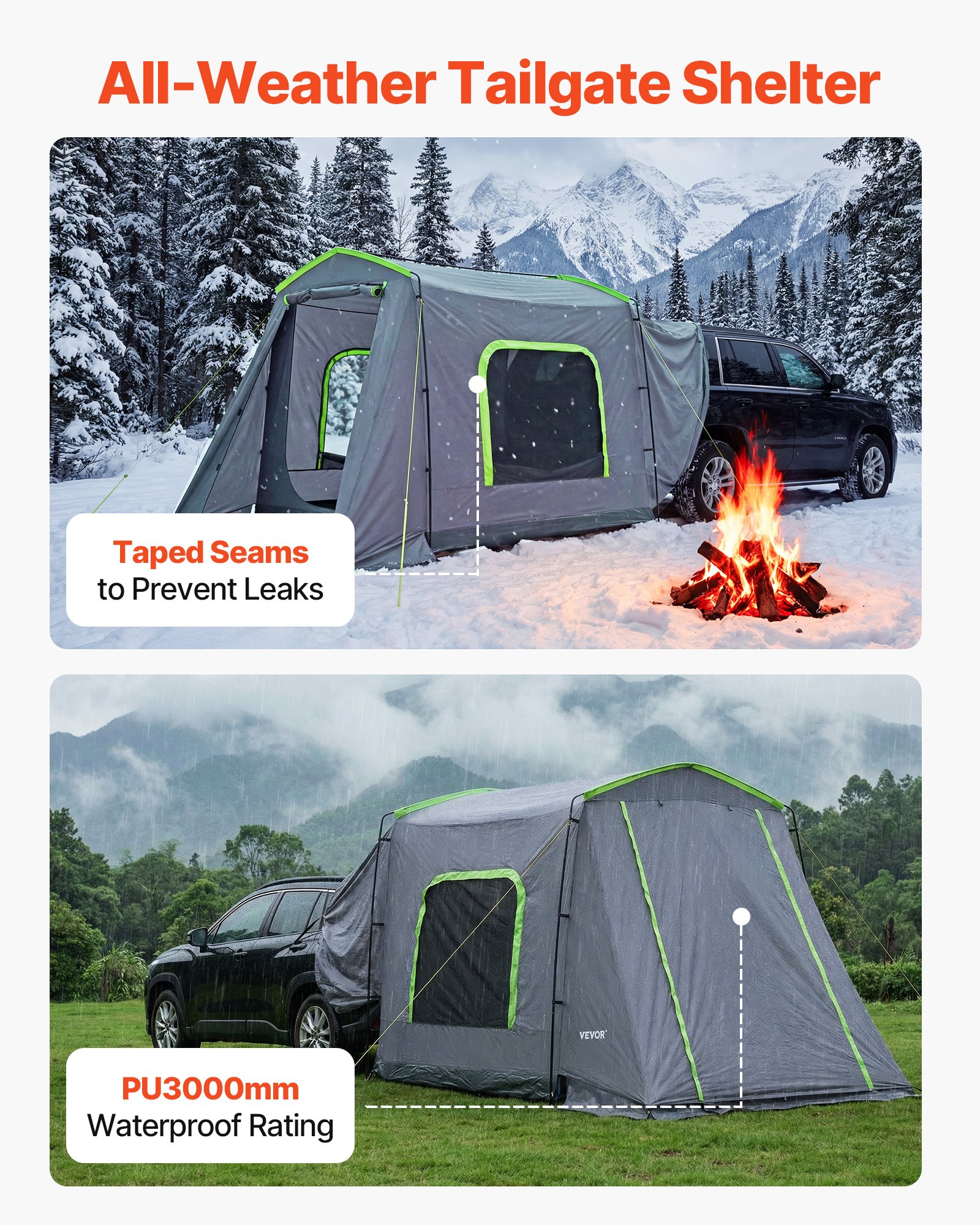 VEVOR Achterkleptent, autotent voor 5-9 personen, 323 x 244 x 220 cm, waterdicht (PU3000 mm) kampeertent met geventileerde deuren en muggennetten, SUV-achterkleptent voor kamperen, wandelen en andere buitenactiviteiten.