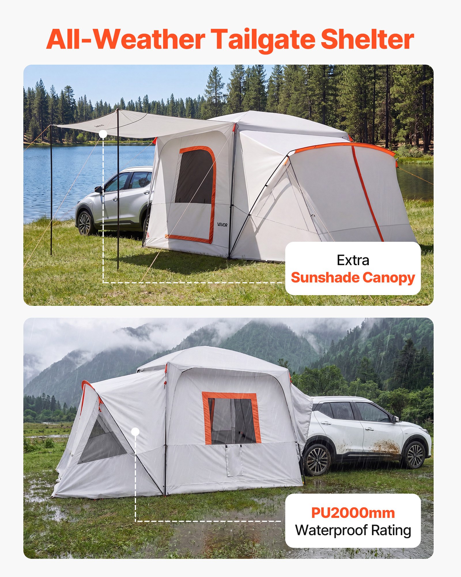 VEVOR Achterkleptent, autotent voor 5-9 personen, 3964 x 3050 x 2330 mm, waterdicht (PU2000 mm), kampeertent met ventilatieramen, achterkleptent voor SUV's voor kamperen, wandelen en andere buitenactiviteiten.