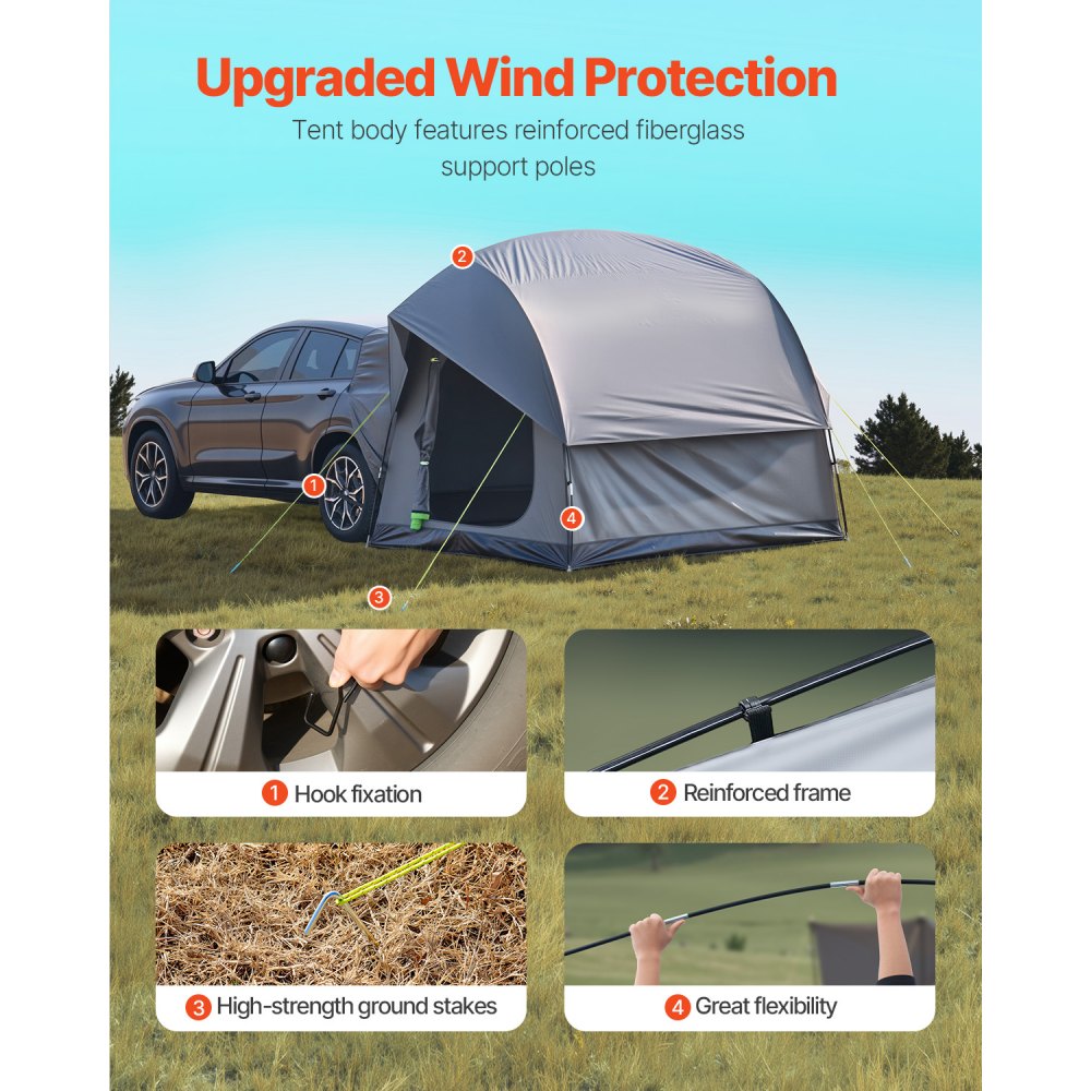 VEVOR SUV Tent Camping Auto Tent (240 x 240 x 215 cm) Waterdicht PU2000 Ruim Dubbellaags Ontwerp voor 5-8 Personen, SUV Kampeertent met 2 Deuren & Gaasramen & Regendak & Tas