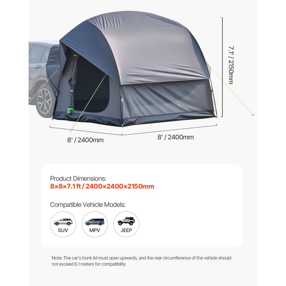 VEVOR SUV Tent Camping Auto Tent (240 x 240 x 215 cm) Waterdicht PU2000 Ruim Dubbellaags Ontwerp voor 5-8 Personen, SUV Kampeertent met 2 Deuren & Gaasramen & Regendak & Tas