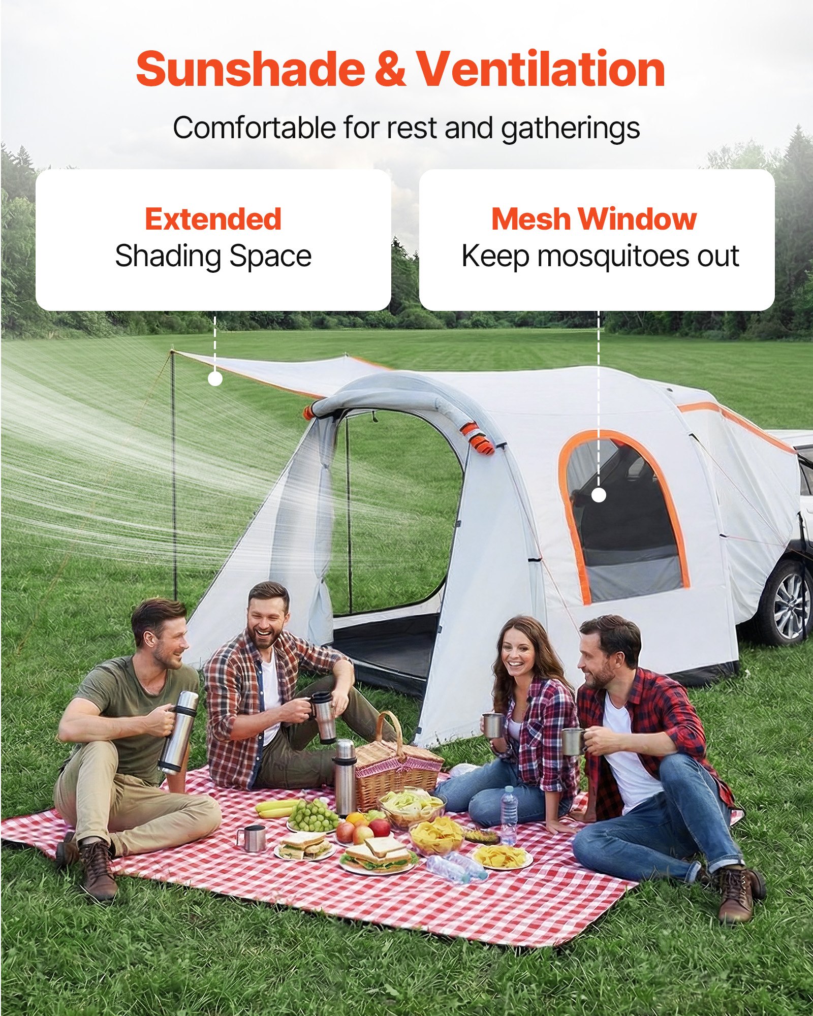 VEVOR Opblaasbare Achterkleptent Autotent (2042+1020) x 2438 x 2020 mm, Waterdicht (PU2000 mm) Campingtent met geventileerde deuren en muggennetten, Achterkleptent voor SUV's voor kamperen en wandelen, incl. luchtpomp