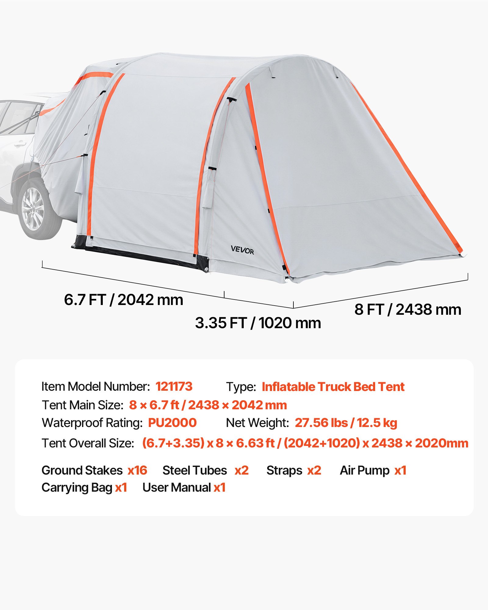 VEVOR Opblaasbare Achterkleptent Autotent (2042+1020) x 2438 x 2020 mm, Waterdicht (PU2000 mm) Campingtent met geventileerde deuren en muggennetten, Achterkleptent voor SUV's voor kamperen en wandelen, incl. luchtpomp
