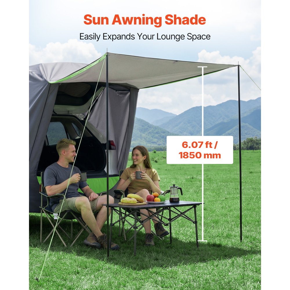 VEVOR Achterklep Autotent (1,5 x 1,5 m Hoofdtent), Waterdicht (PU2000 mm) Kampeertent met Zonnescherm & Draagtas, Achterkleptent voor SUV voor Kamperen, Wandelen en Buitenactiviteiten, Draagbaar