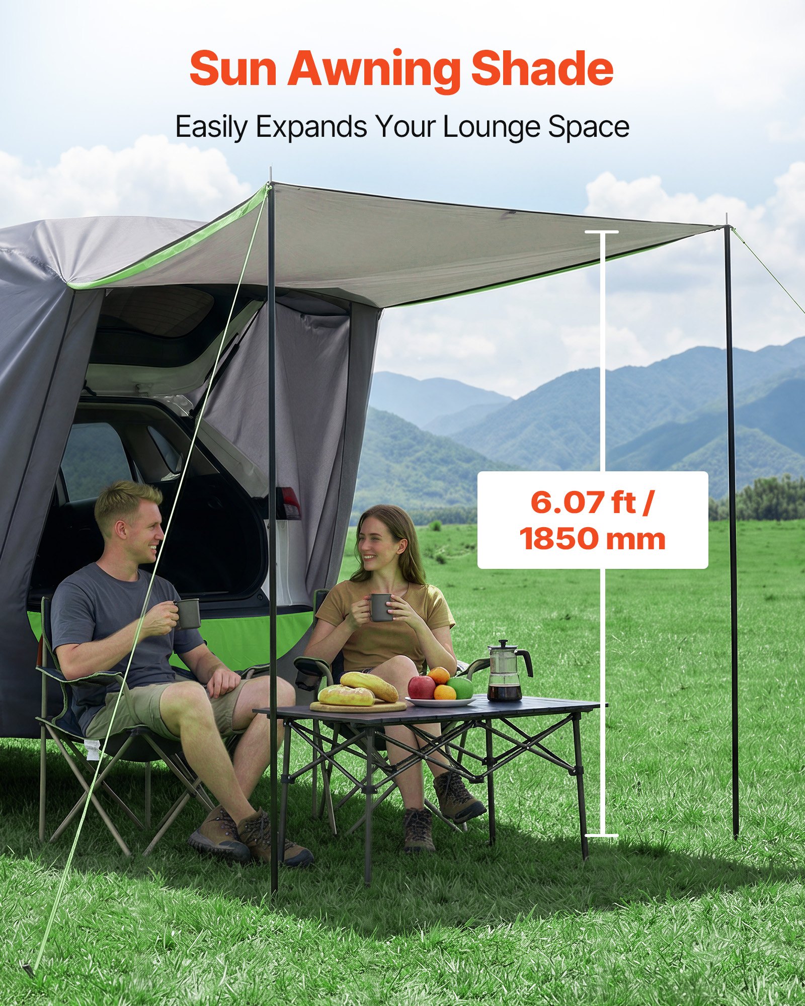 VEVOR Achterklep Autotent (1,5 x 1,5 m Hoofdtent), Waterdicht (PU2000 mm) Kampeertent met Zonnescherm & Draagtas, Achterkleptent voor SUV voor Kamperen, Wandelen en Buitenactiviteiten, Draagbaar