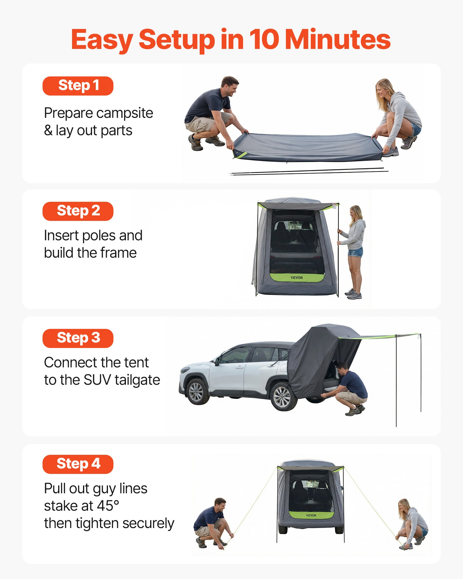 VEVOR Achterklep Autotent (1,5 x 1,5 m Hoofdtent), Waterdicht (PU2000 mm) Kampeertent met Zonnescherm & Draagtas, Achterkleptent voor SUV voor Kamperen, Wandelen en Buitenactiviteiten, Draagbaar