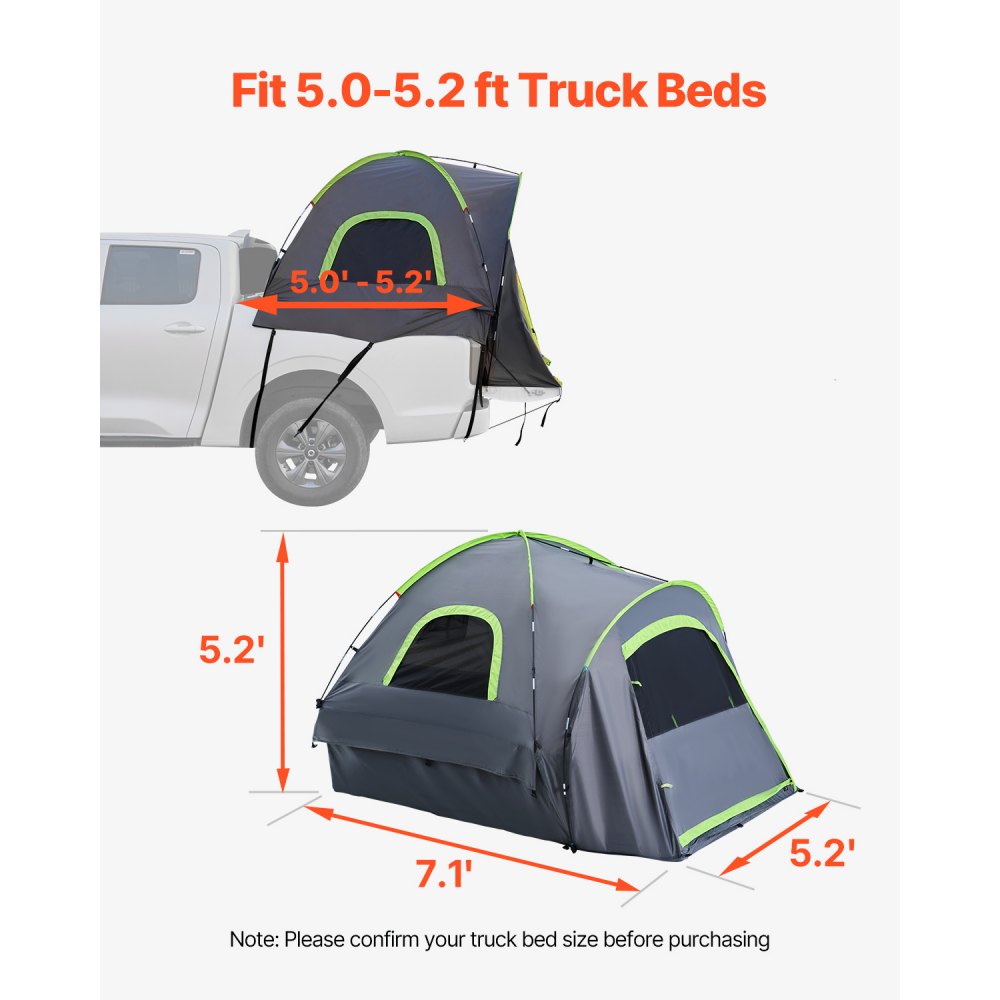 VEVOR Pickup Truck Tent, Fit 5.0-5.2 ft Truck Tents for Camping, Waterproof PU2000mm 2-3 Person Sleeping Truck Bed Tent with Double Layer Design Windows, Sturdy Truck Bed Camper Shell with Storage Bag