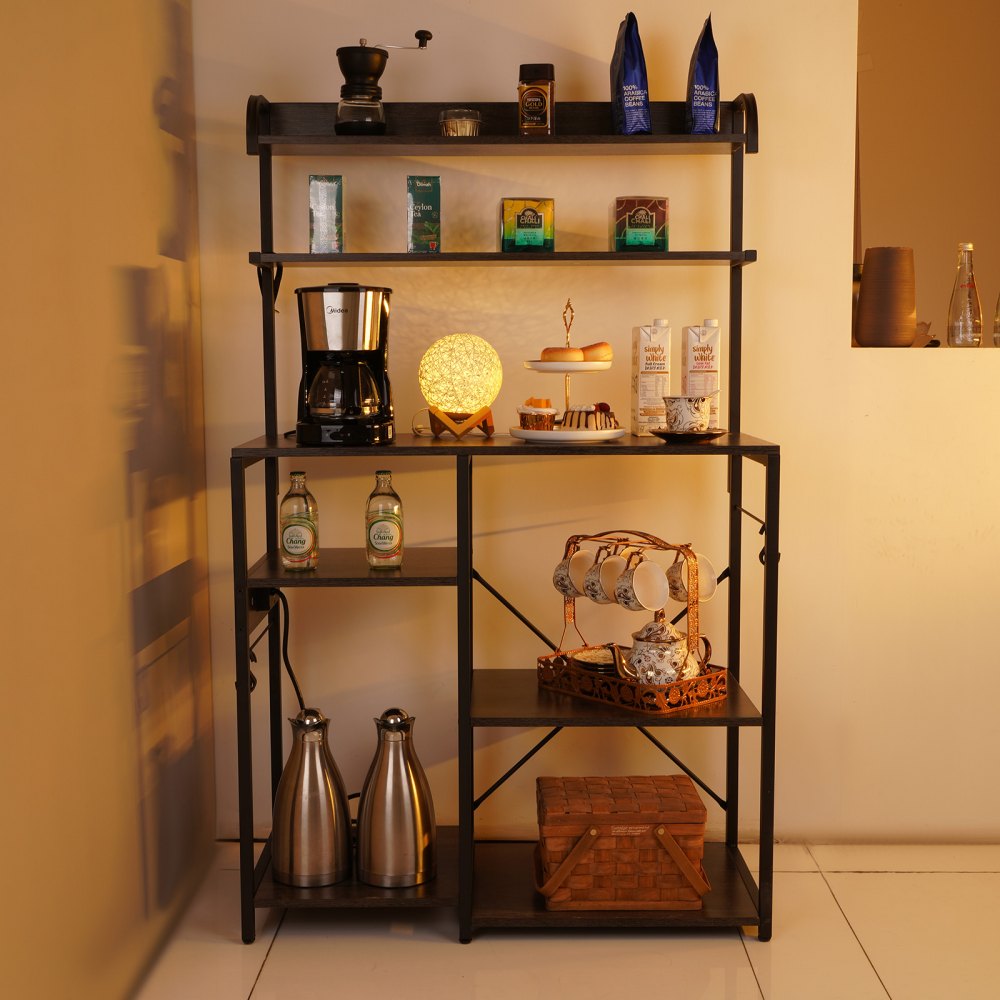 VEVOR keukenplanken staand rek 900 x 400 x 1460 mm, keukenbakkerijrek 7-laags magnetronrek, 99,79 kg belastbaar kruidenrek met 8 haken keukenrek industrieel design inbouwstopcontact