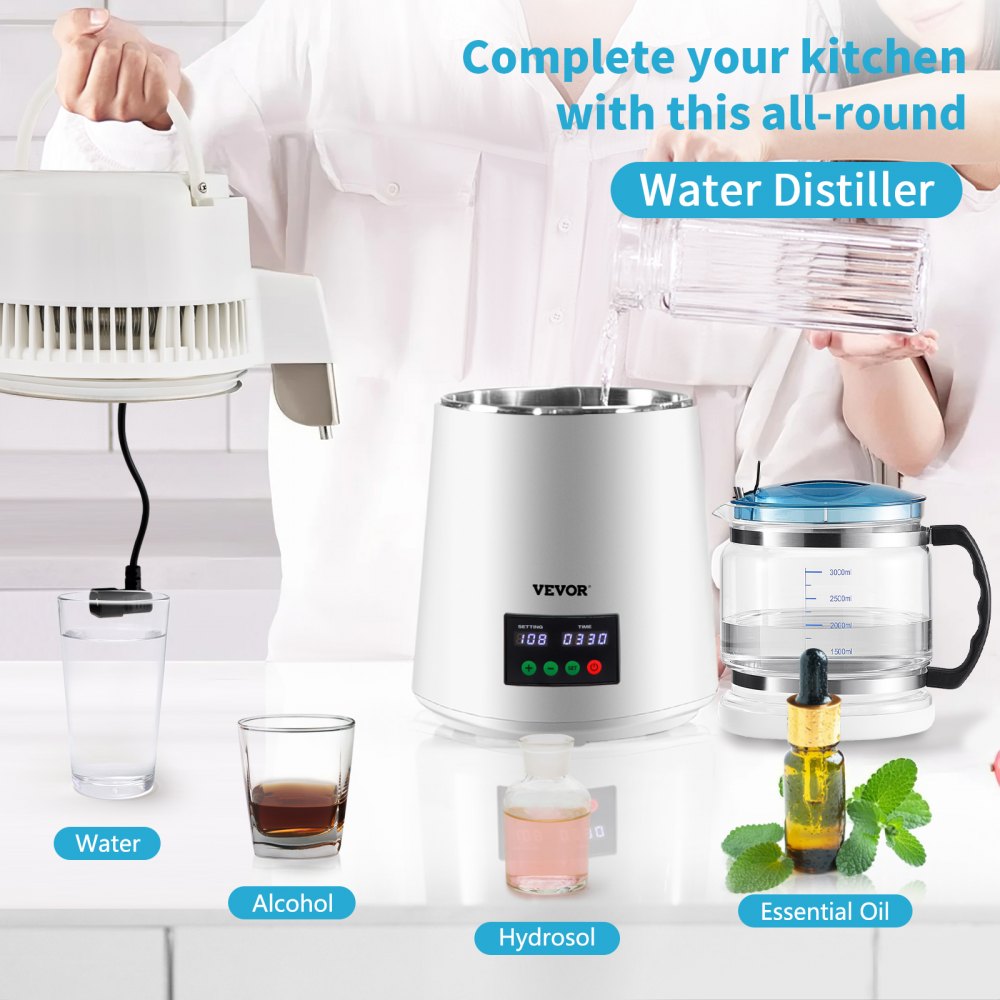 VEVOR 4L Waterdestilleerder 750W Roestvrijstalen Waterdestilleerder Zuiver Waterdestilleerder met Glazen Kan, Waterdestilleerder 1L/uur. Waterdestilleerder met Dubbele Temperatuurweergave