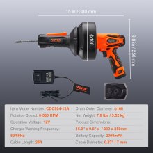 VEVOR 12V elektrische pijpreiniger Pijpreiniger Draadloos sanitairslang Automatische voeding 8m pijpslang Diameter 7mm Afvoerontstopper voor 19-50mm pijpen met oplader
