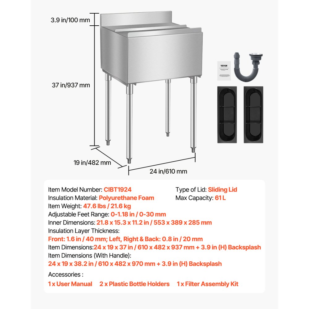VEVOR Commercial Ice Bin, 61 L Underbar Ice Bin, 24 x 19 x 37 in Stainless Steel Ice Chest with Sliding Lid, Bottle Holders, Adjustable Bullet Feet, Cooler Cart Cocktail Unit for Bar Restaurant Pub