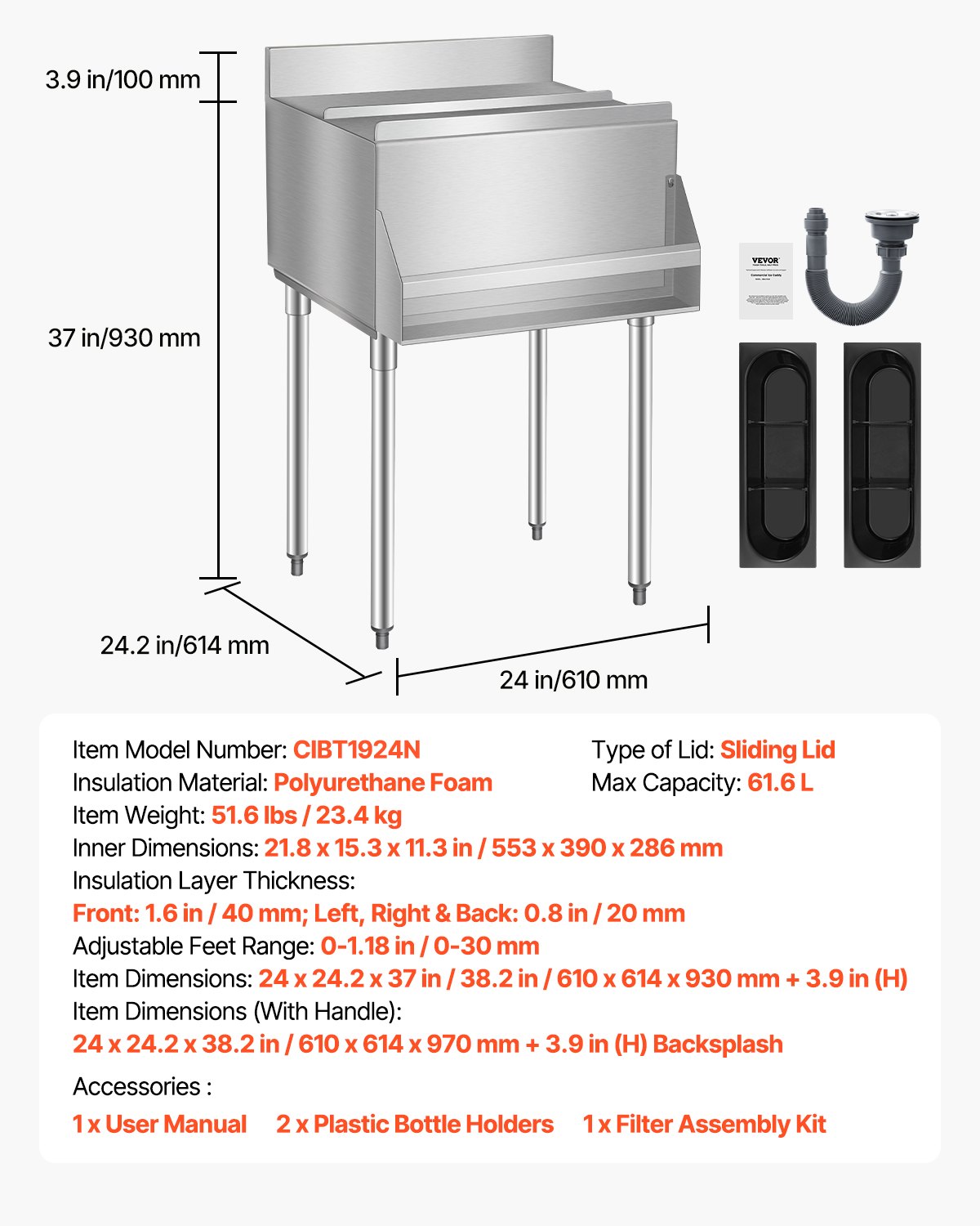 VEVOR Commercial Ice Bin, 61.6 L Underbar Ice Bin, 24 x 24.2 x 37 in Stainless Steel Ice Chest with Sliding Lid, Bottle Holders, and Adjustable Bullet Feet, Cocktail Unit for Bar, Restaurant & Pub