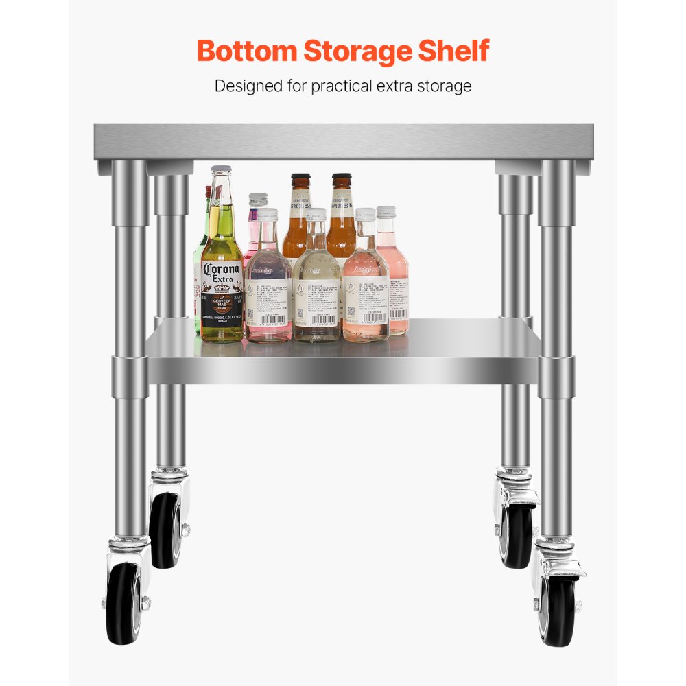 VEVOR Commercial Ice Bin, 61.6 L Rolling Ice Chest on Wheels, 24 x 19.1 x 36.8 in Stainless Steel Cooler Cart with Sliding Lid, Bottom Storage Tray, Adjustable Bullet Feet, for Bar, Restaurant, Pub