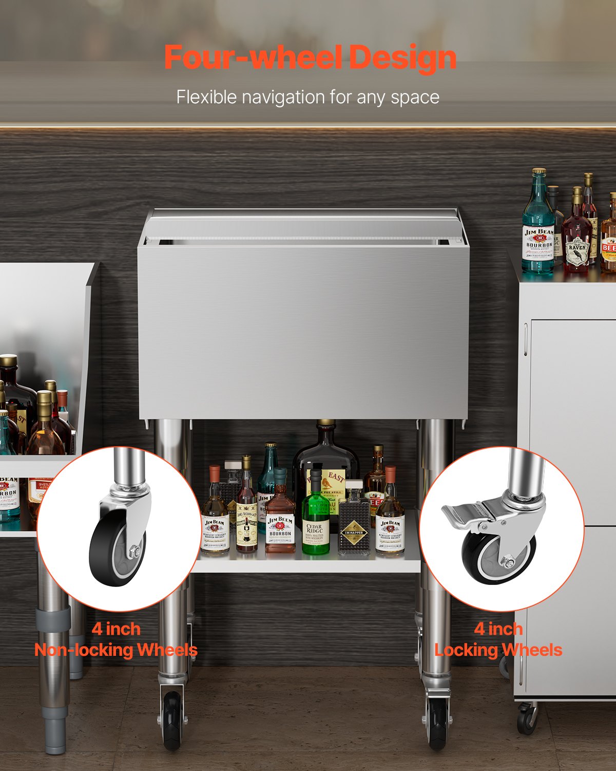 VEVOR Commercial Ice Bin, 61.6 L Rolling Ice Chest on Wheels, 24 x 19.1 x 36.8 in Stainless Steel Cooler Cart with Sliding Lid, Bottom Storage Tray, Adjustable Bullet Feet, for Bar, Restaurant, Pub