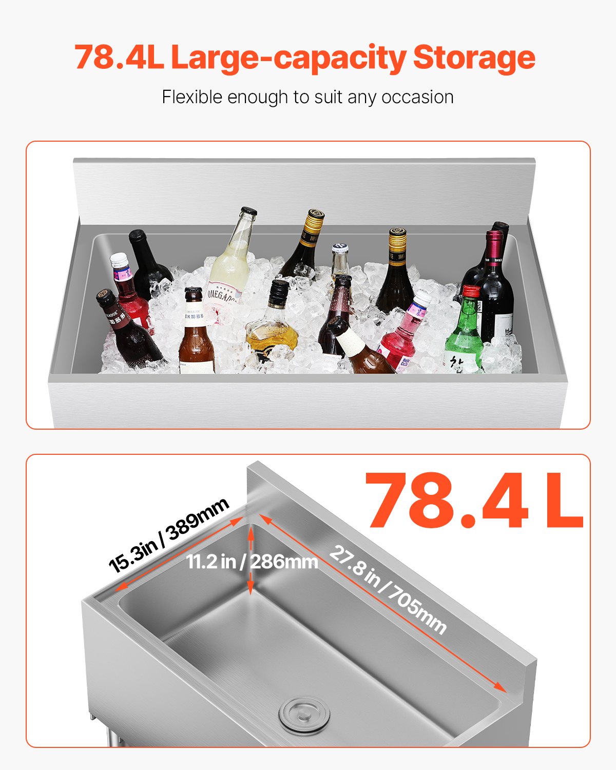 VEVOR Commercial Ice Bin, 78.4 L Underbar Ice Bin, 30 x 19 x 37 in Stainless Steel Ice Chest with Sliding Lid, Bottle Holders, Adjustable Bullet Feet, Cooler Cart Cocktail Unit for Bar Restaurant Pub