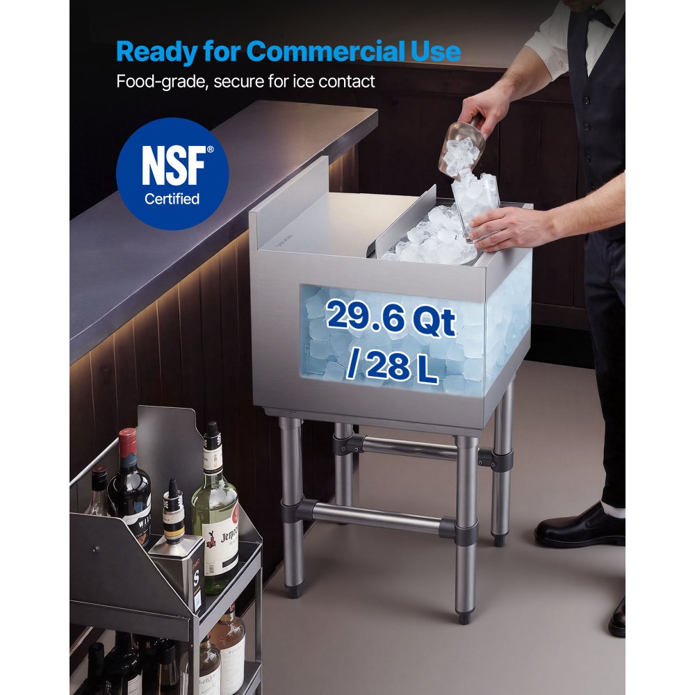 VEVOR Commerciële ijscontainer 28 L, 305 x 482 x 850 mm, ijsbox met rek, schuifdeksel en 2 verwijderbare flessenhouders, vrijstaand voor ijsblokjes en drankjes, geschikt voor bars, restaurants en cafés.