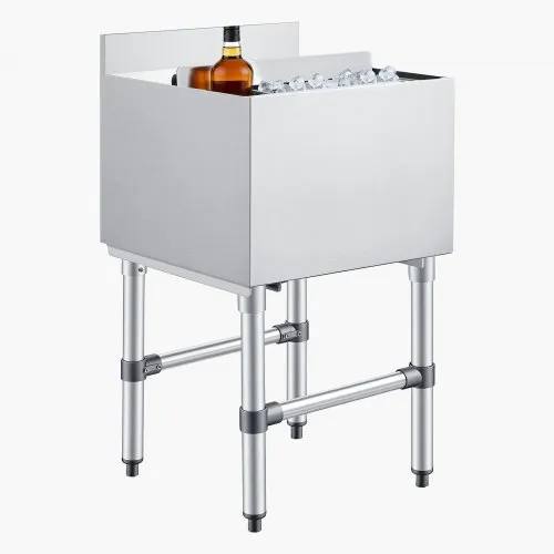 VEVOR Catering ijscontainer 46,7 liter, roestvrijstalen onderbouw ijscontainer 455 x 455 x 850 mm met schuifdeksel, flessenhouders en verstelbare poten, voor bar, restaurant en café, NSF-gecertificeerd