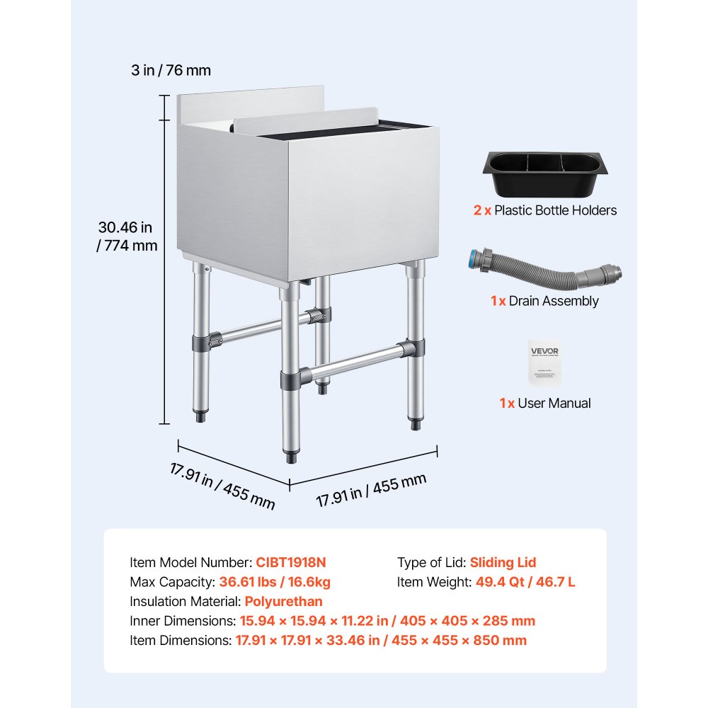 VEVOR Commercial Ice Bin, 46.7 L Max Capacity, 455 x 455 x 850 mm Stainless Steel Ice Chest with Sliding Lid and Bottle Holders, Cooler Cart Cocktail Unit for Bar Restaurant Pub, NSF Certified