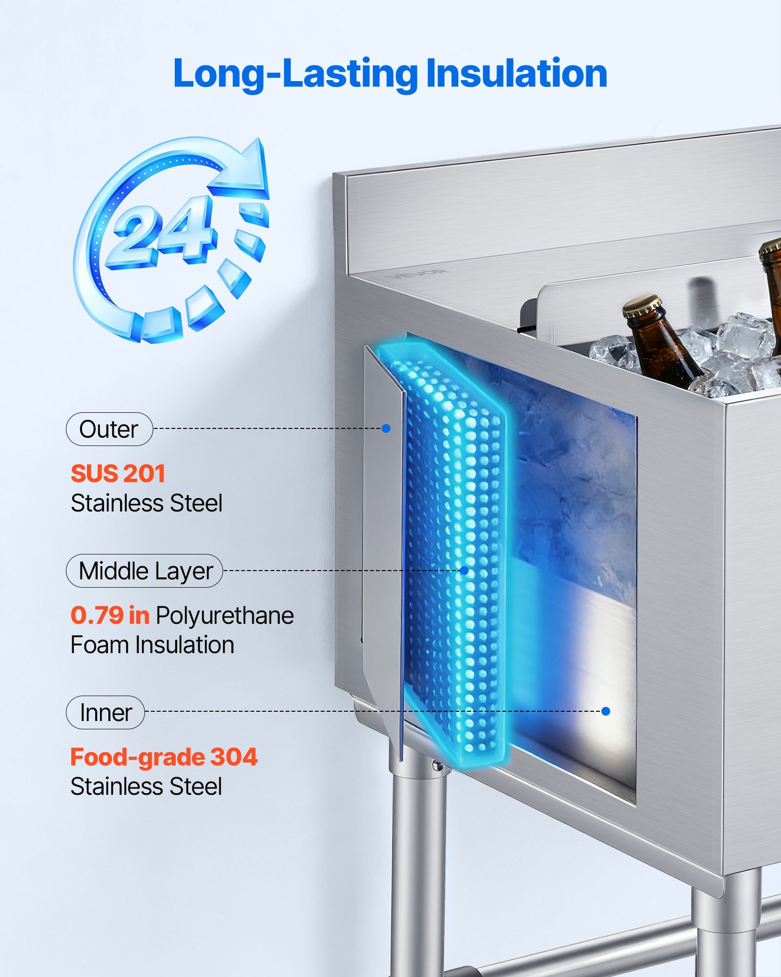 VEVOR Commercial Ice Bin, 46.7 L Max Capacity, 455 x 455 x 850 mm Stainless Steel Ice Chest with Sliding Lid and Bottle Holders, Cooler Cart Cocktail Unit for Bar Restaurant Pub, NSF Certified