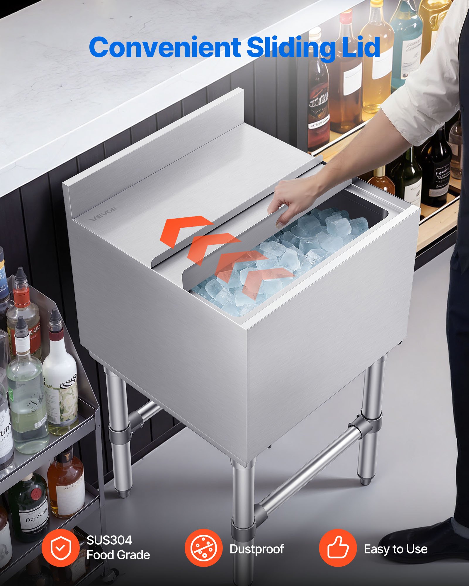 VEVOR Commercial Ice Bin, 46.7 L Max Capacity, 455 x 455 x 850 mm Stainless Steel Ice Chest with Sliding Lid and Bottle Holders, Cooler Cart Cocktail Unit for Bar Restaurant Pub, NSF Certified