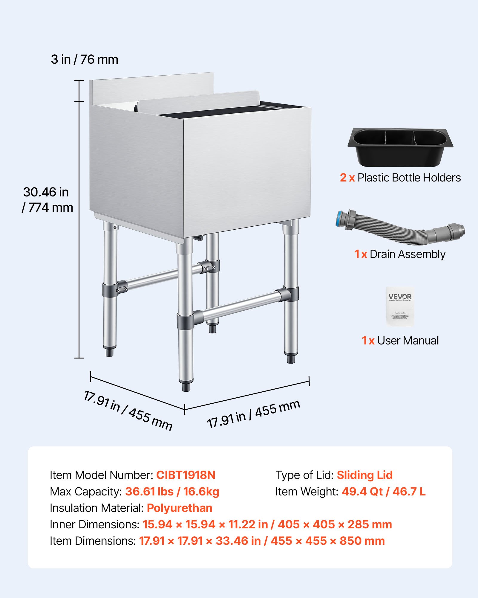 VEVOR Commercial Ice Bin, 46.7 L Max Capacity, 455 x 455 x 850 mm Stainless Steel Ice Chest with Sliding Lid and Bottle Holders, Cooler Cart Cocktail Unit for Bar Restaurant Pub, NSF Certified
