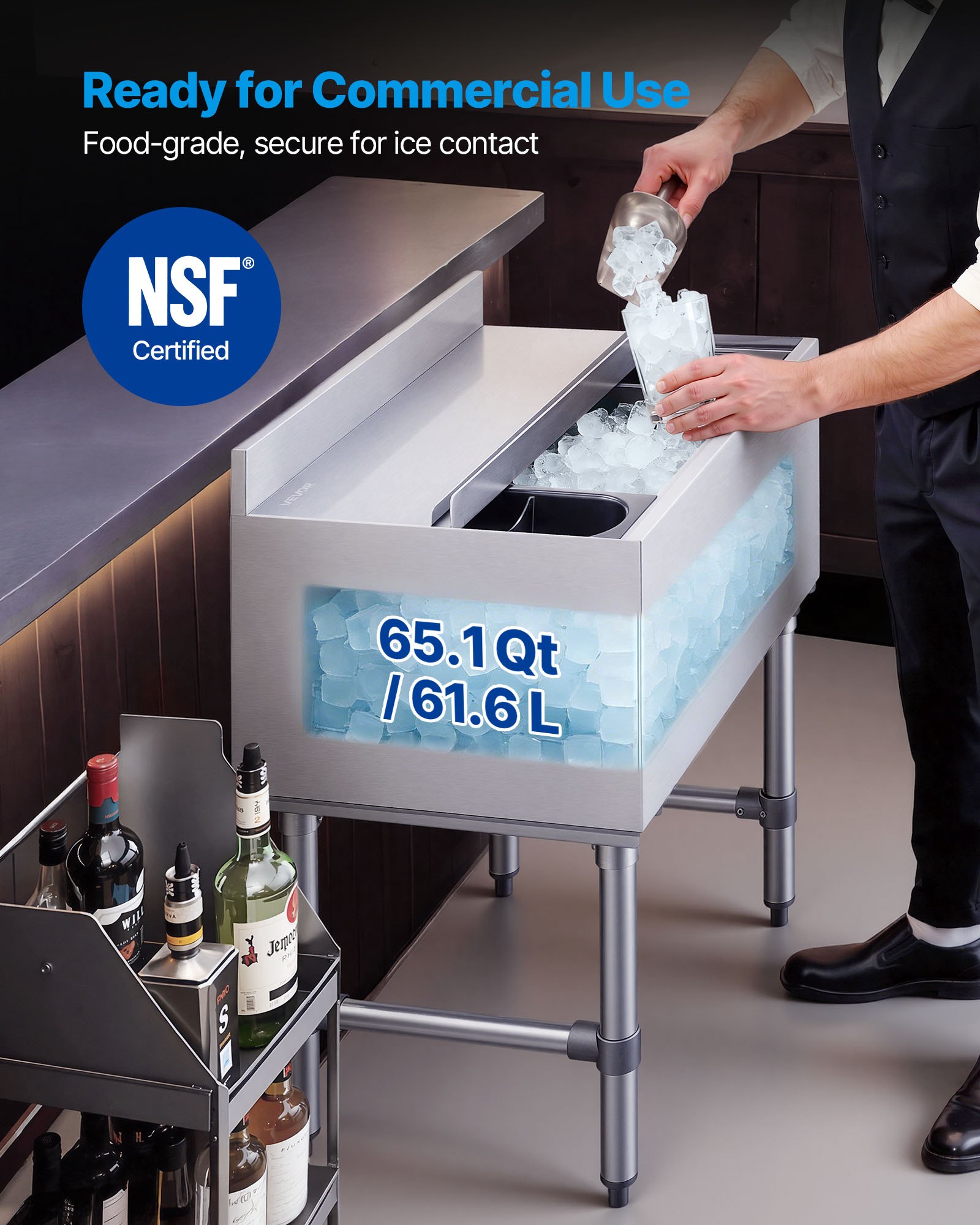 VEVOR Catering ijscontainer 61,6 liter, roestvrijstalen onderbouw ijscontainer 610 x 482 x 850 mm met schuifdeksel, flessenhouders en verstelbare poten, voor bar, restaurant en café, NSF-gecertificeerd