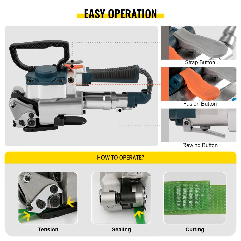 VEVOR Pneumatic Strapping Tool, for 3/4"-1" Width PET Plastic Belt, Packaging Strapping Machine, Handheld Baler, Automatic Packaging Machine with 4000N Max Tension, Portable Banding Strapping Kit