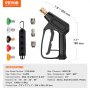 VEVOR pressure washer gun with multiple nozzles, detailed measurements, and product specifications.