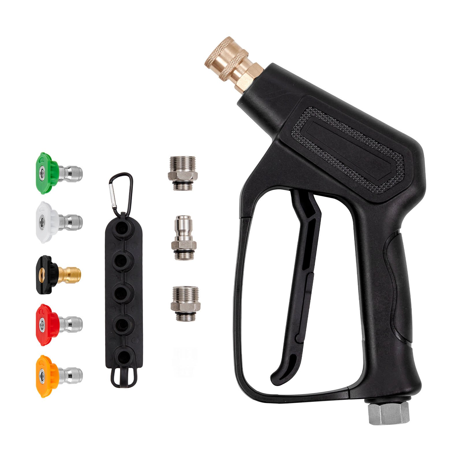 VEVOR Short Pressure Washer Gun, 4000 PSI High Power Washer Spay Gun, M22-14 mm / M22-15 / 3/8'' Inlet & 1/4'' Outlet Hose Connector Foam Gun, Pressure Washer Handle with 5 Color Quick Connect Nozzles