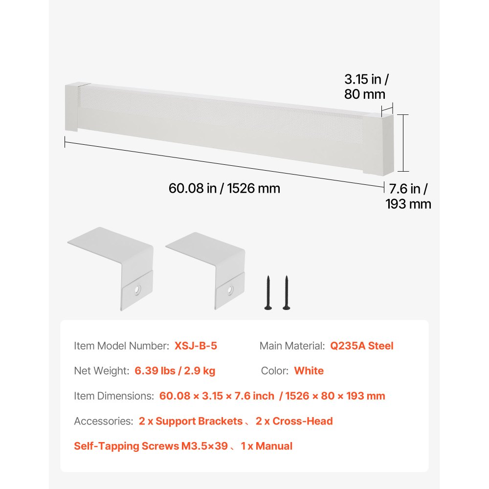 VEVOR Radiatorbekleding, Basic Serie, 1526 x 80 x 193 mm, Standaard Frontbekleding voor Elektrische Radiatoren, Vervangende Bekleding van Robuust Staal, voor Slaapkamer, Wit