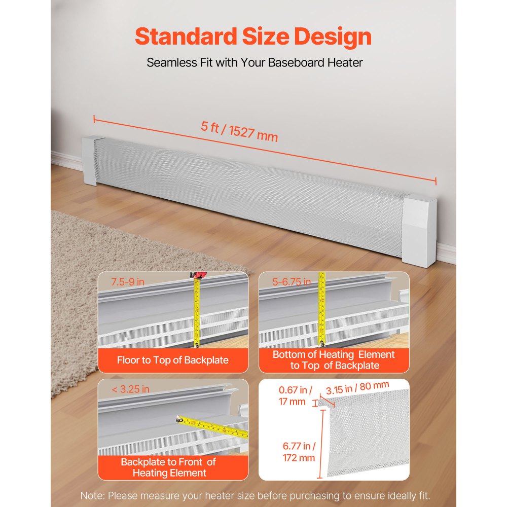 VEVOR Radiatorbekleding, Premium Serie, 1527 x 81 x 193 mm, Standaard Frontbekleding voor Elektrische Radiatoren, Vervangende Bekleding van Robuust Staal, voor Slaapkamer, Wit