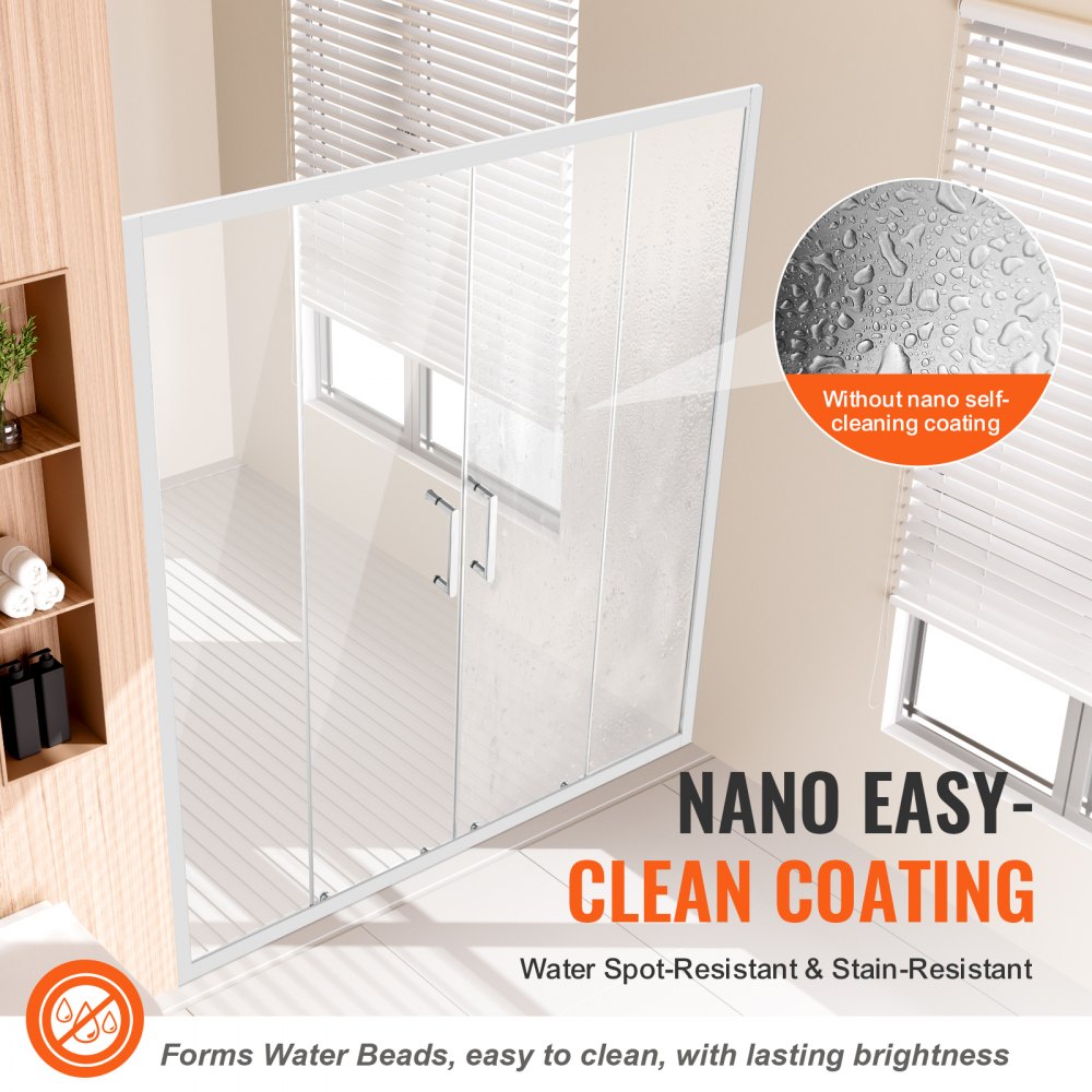 VEVOR Semi-frameless Shower Door, 57.8-59" W x 70" H, Double Sliding Glass Door with 1/4"(6mm) Clear Tempered Glass, Waterproof Shatterproof NANO Stain-Resistant with Stainless Steel Hardware, Chrome
