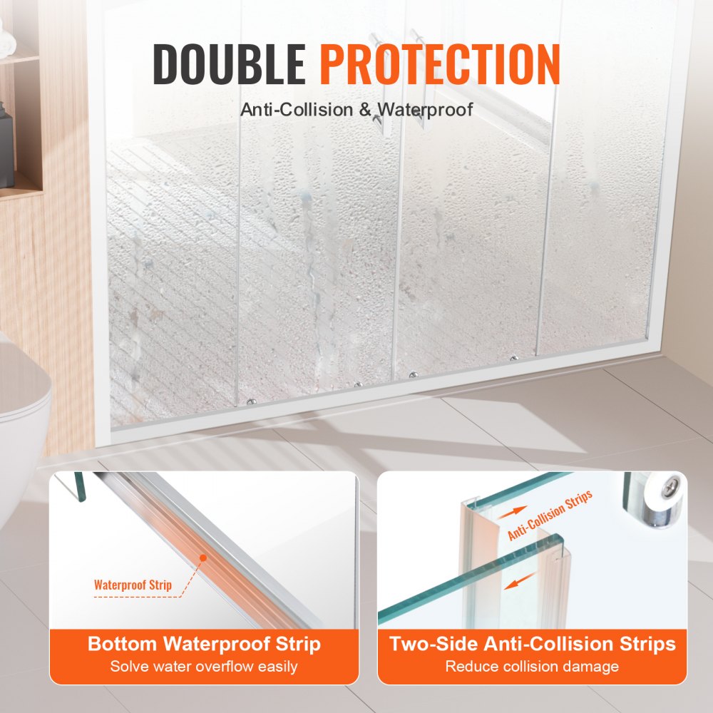 VEVOR Semi-frameless Shower Door, 57.8-59" W x 70" H, Double Sliding Glass Door with 1/4"(6mm) Clear Tempered Glass, Waterproof Shatterproof NANO Stain-Resistant with Stainless Steel Hardware, Chrome