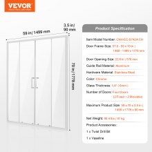 VEVOR frameloze douchedeur schuifdeur douchewand 1469-1499x1778mm 4 deuren