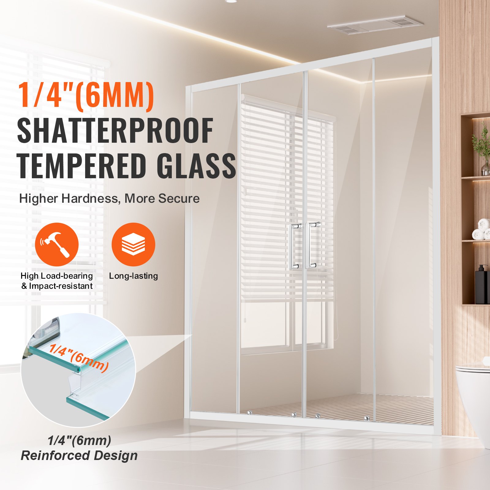 VEVOR Semi-frameless Shower Door, 57.8-59" W x 70" H, Double Sliding Glass Door with 1/4"(6mm) Clear Tempered Glass, Waterproof Shatterproof NANO Stain-Resistant with Stainless Steel Hardware, Chrome