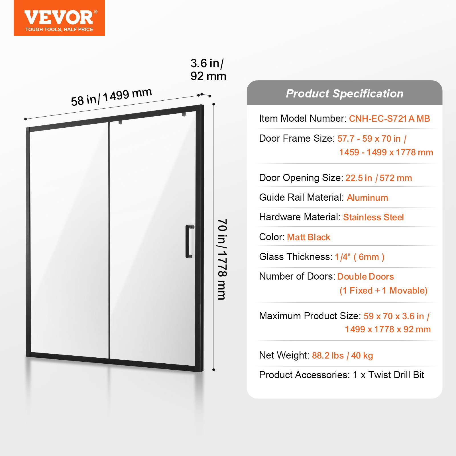 VEVOR Semi-frameless Shower Door, 57.7-59" W x 70" H, Shower Sliding Glass Door with 1/4"(6mm) Clear Tempered Glass, Waterproof Shatterproof Stain-Resistant with Stainless Steel Hardware, Matte Black