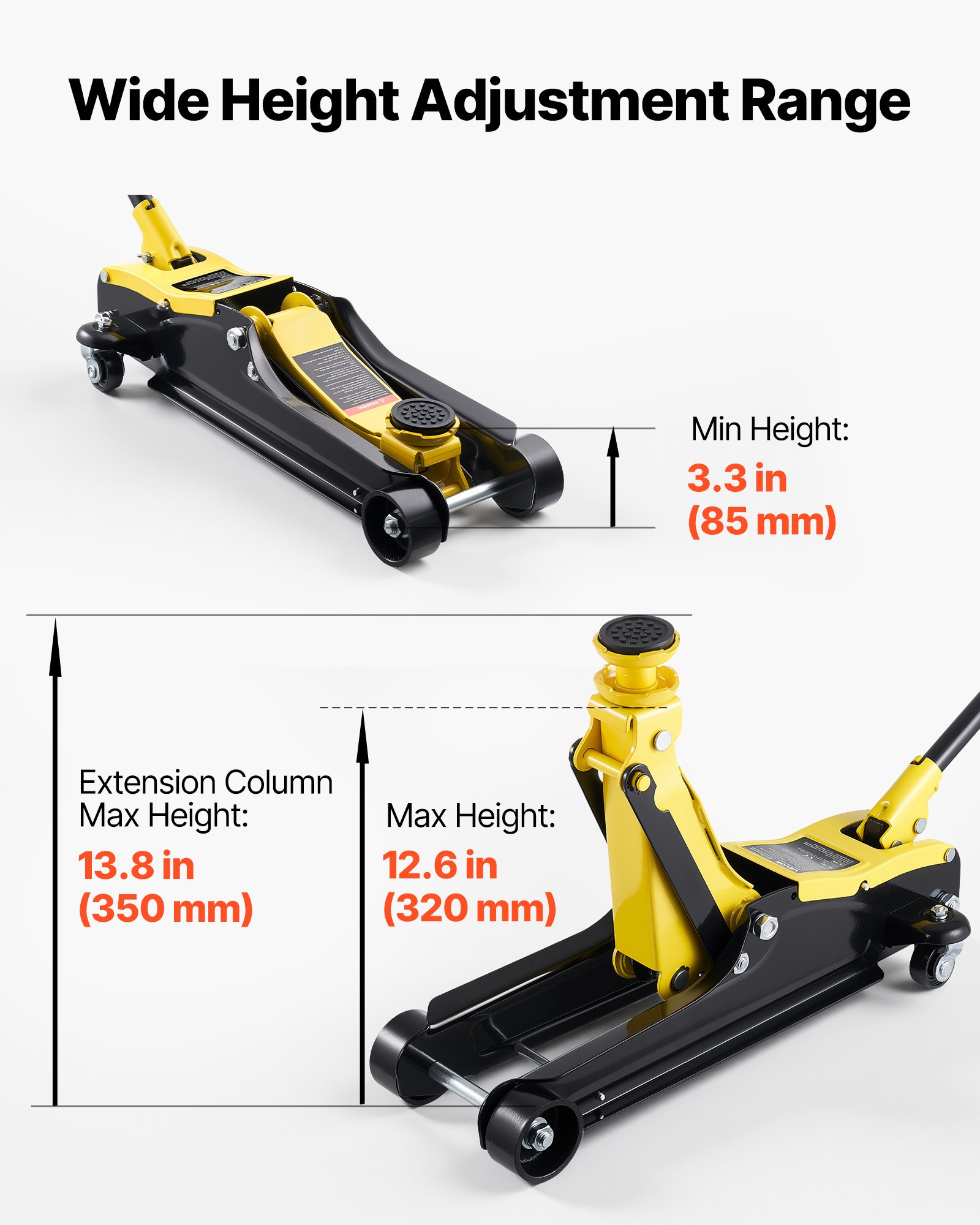 VEVOR hydraulische krik met hefvermogen van 2,5 ton, platte stalen krik met snelhefpomp met één zuiger en SUV-adapters, autokrik voor sedans, hefbereik van 85–320 mm, krik voor raceauto's