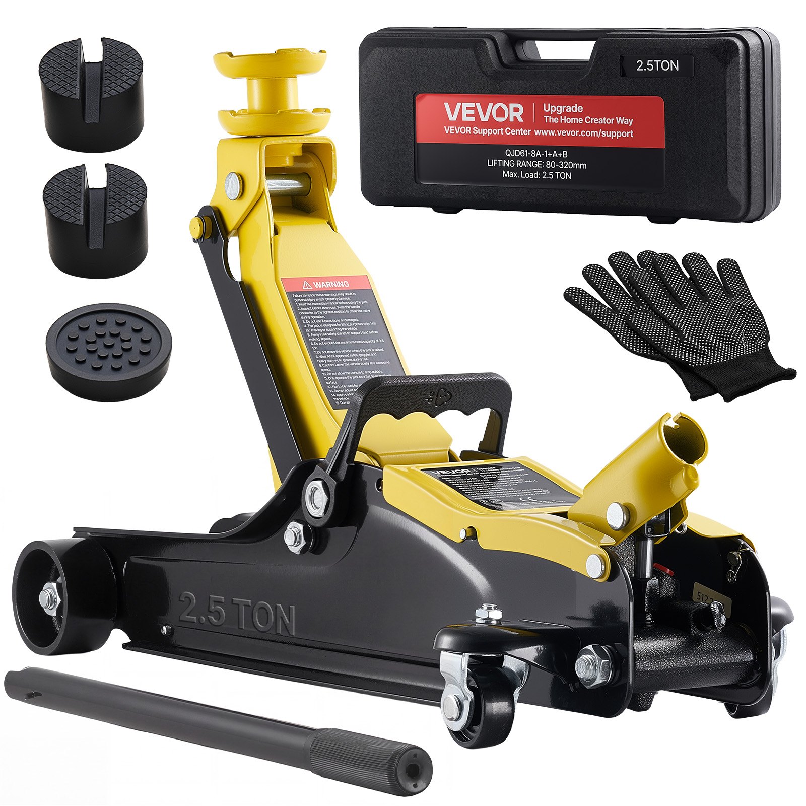 VEVOR hydraulische krik met hefvermogen van 2,5 ton, platte stalen krik met snelhefpomp met één zuiger en SUV-adapters, autokrik voor sedans, hefbereik van 85–320 mm, krik voor raceauto's