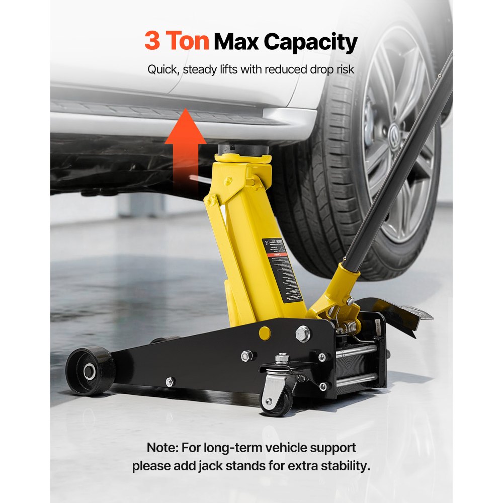 VEVOR Low Profile Floor Jack, 3 Ton (6614 lbs) Capacity, Steel Racing Floor Jack with Single Piston Quick Lift Pump & Foot Pedal, Hydraulic Trolley Car Lift for SUVs, Pickups, Lifting Range 5.1"-19.7"