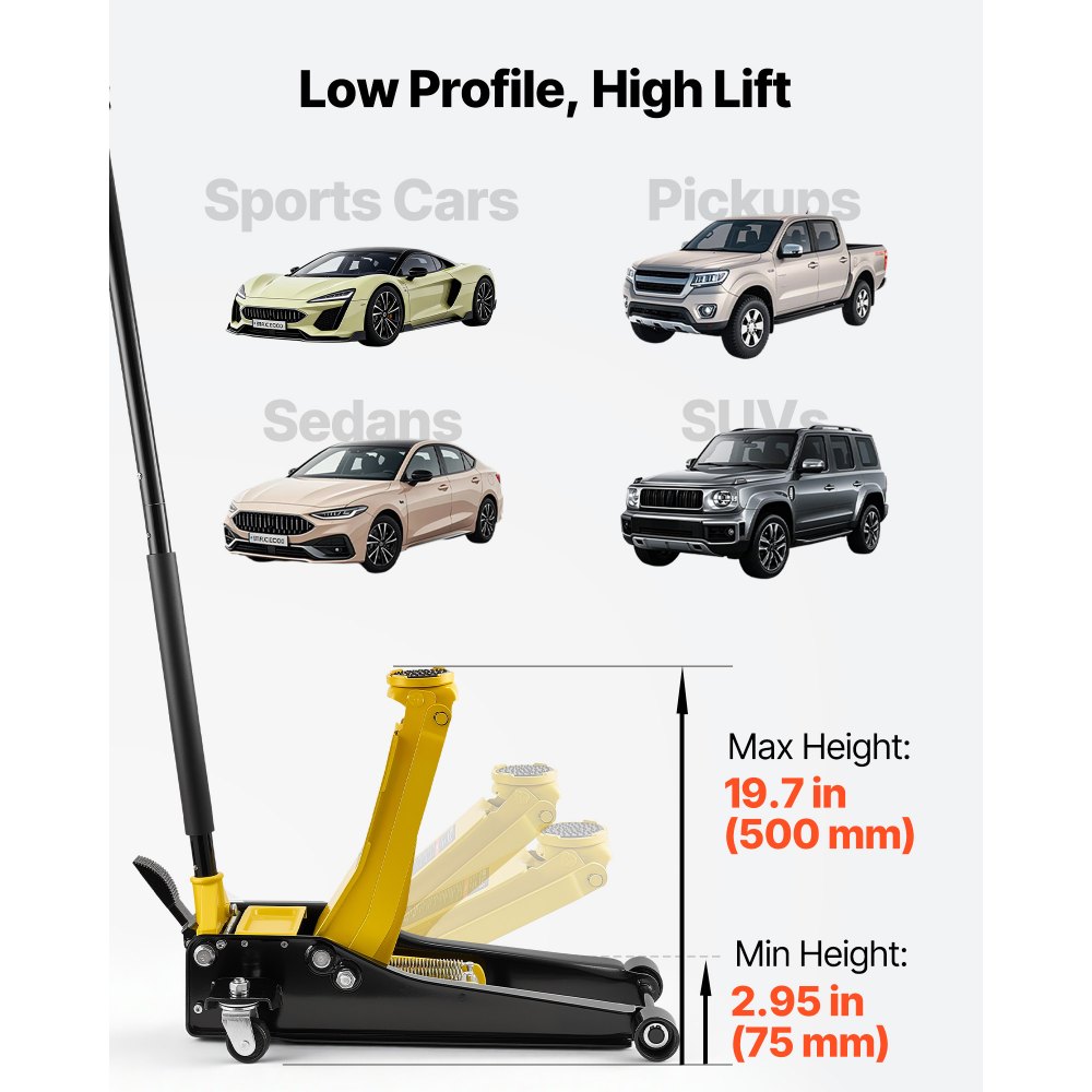 VEVOR Low Profile Floor Jack, 3 Ton (6614 lbs) Capacity, Steel Racing Floor Jack with Dual Pistons Quick Lift Pump & SUV Adapter, Hydraulic Trolley Car Lift for Sports Cars, Lifting Range 2.95"-19.7"