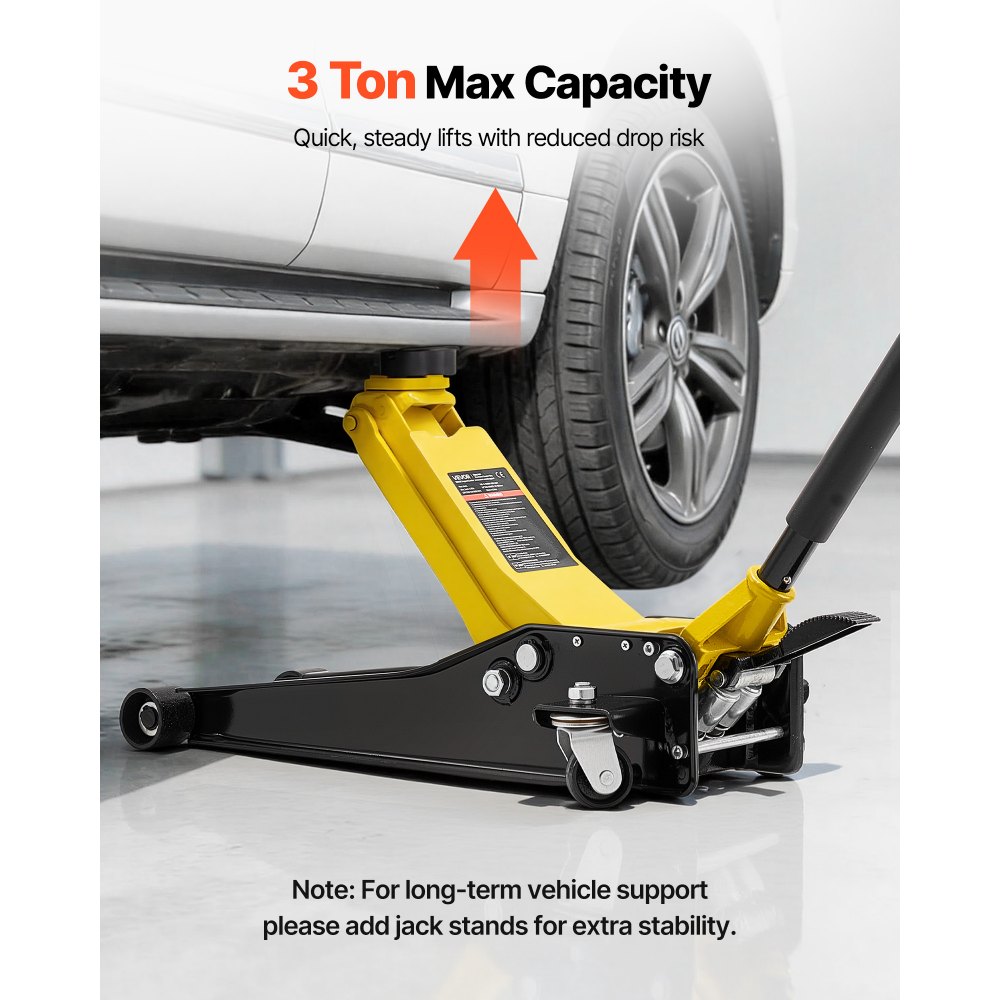 VEVOR Low Profile Floor Jack, 3 Ton (6614 lbs) Capacity, Steel Racing Floor Jack with Dual Pistons Quick Lift Pump & SUV Adapter, Hydraulic Trolley Car Lift for Sports Cars, Lifting Range 2.95"-19.7"