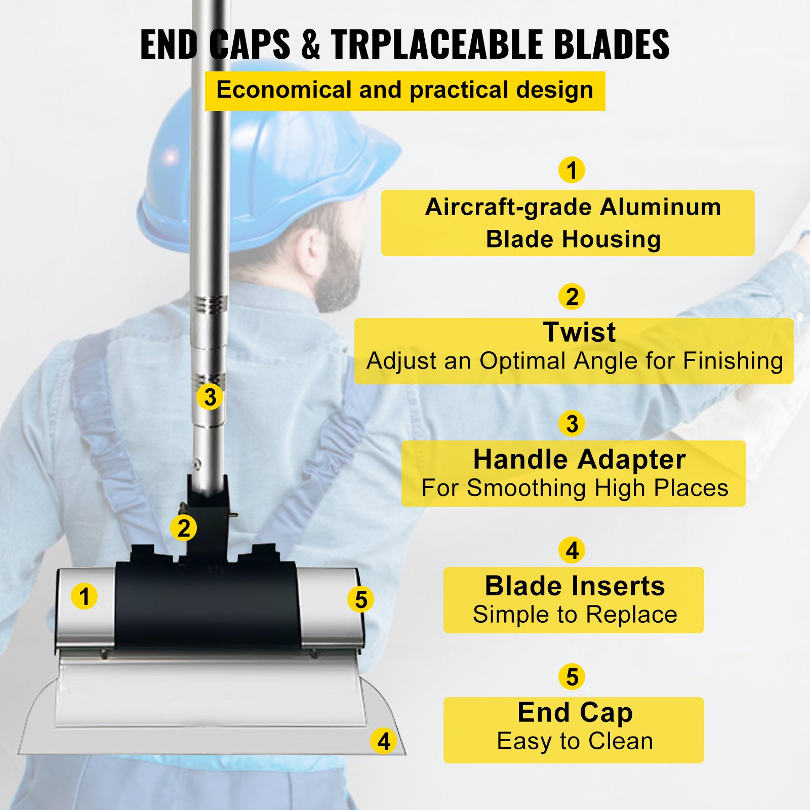 VEVOR decoratieve spatelset 25 cm / 40 cm / 60 cm brede spatel, bladlengte 0,89 - 2 m gipsplaat oppervlakte spatel, bladdikte 0,5 mm gevelspatel van roestvrij staal, ergonomische handgreep stukadoors spatel