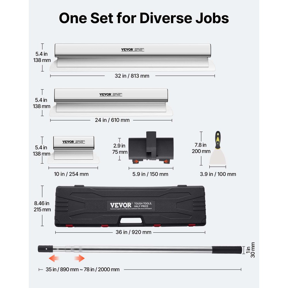 VEVOR decoratieve spatelset 25 cm / 60 cm / 80 cm brede spatel, bladlengte 0,89 - 2 m gipsplaat spatel, bladdikte 0,5 mm gevelspatel van roestvrij staal, ergonomische handgreep stukadoors spatel