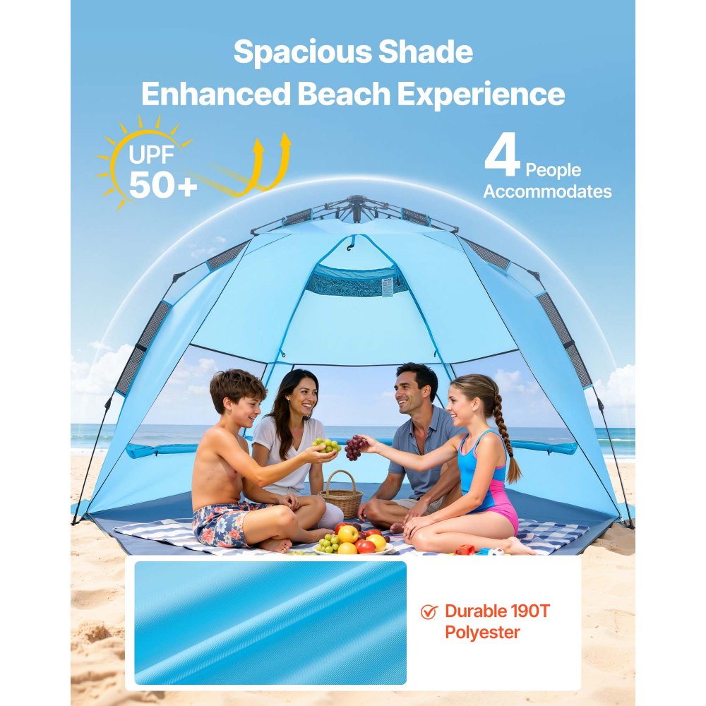 VEVOR Pop-Up Strandtent/Zonnescherm voor 4 personen, UPF 50+ bescherming, Draagbare strandtent met draagtas en grondankers, Lichtgewicht strandparasol voor kamperen, vissen, picknicken, zonnetent
