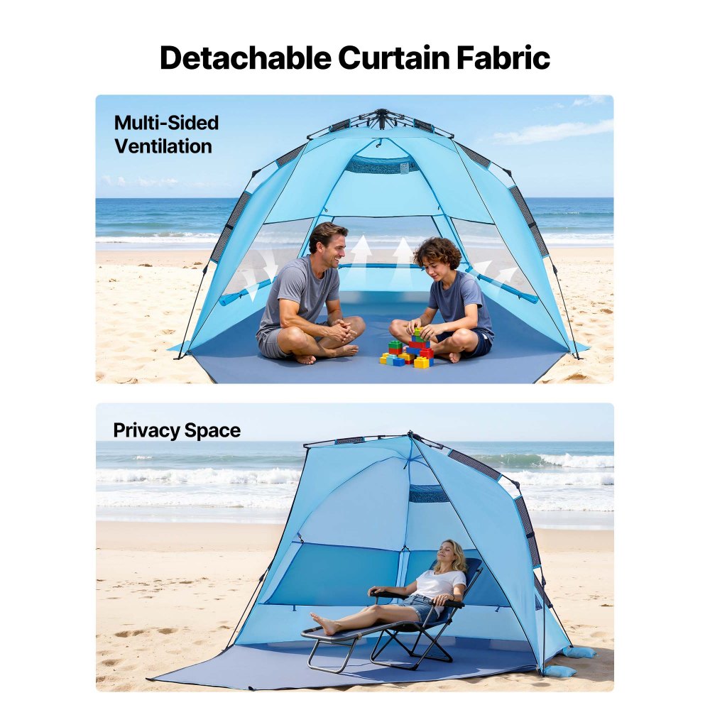 VEVOR Pop-Up Strandtent/Zonnescherm voor 4 personen, UPF 50+ bescherming, Draagbare strandtent met draagtas en grondankers, Lichtgewicht strandparasol voor kamperen, vissen, picknicken, zonnetent