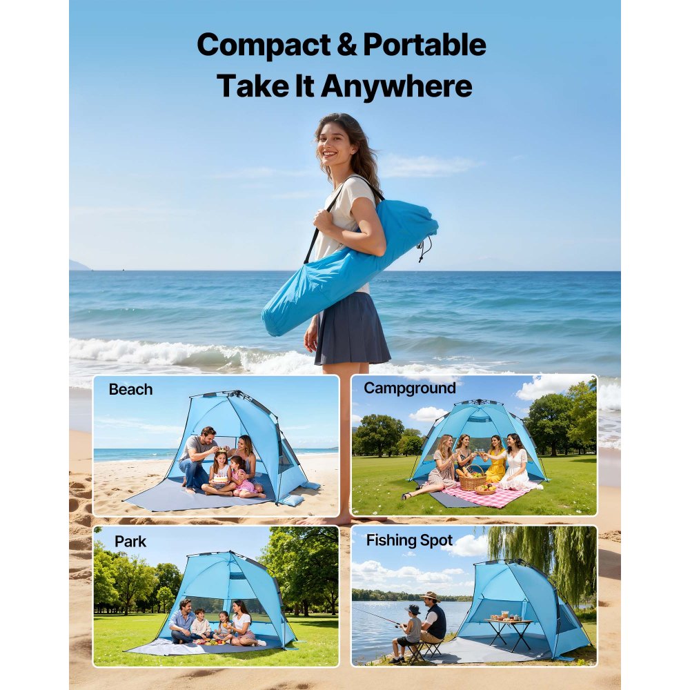 VEVOR Pop-Up Strandtent/Zonnescherm voor 4 personen, UPF 50+ bescherming, Draagbare strandtent met draagtas en grondankers, Lichtgewicht strandparasol voor kamperen, vissen, picknicken, zonnetent